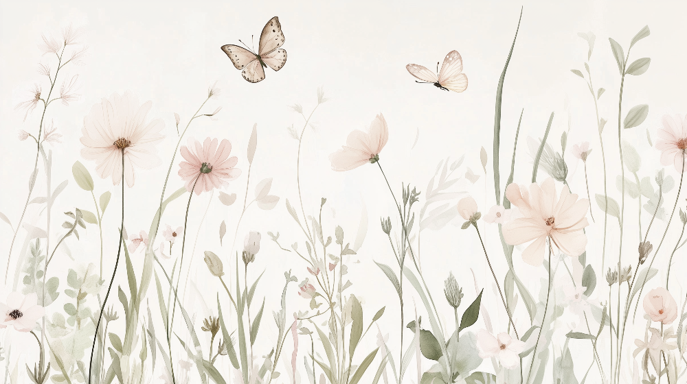 Soft Meadow Wildflowers and Butterflies Wall Mural