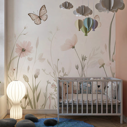 Kids-Mundo soft meadow wildflowers and butterflies wall mural featured in a colourful playroom