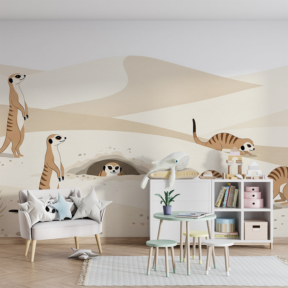 Kids-Mundo meerkat colony mural with sand dunes covering a feature wall in a kids' bedroom