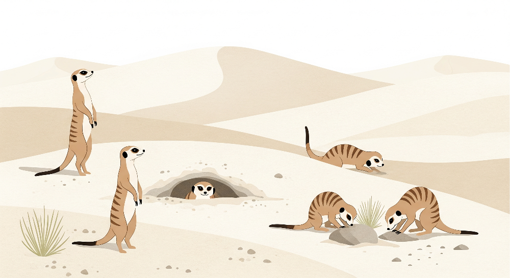 Kids-Mundo flat artwork of a meerkat colony digging and exploring across rolling desert dunes
