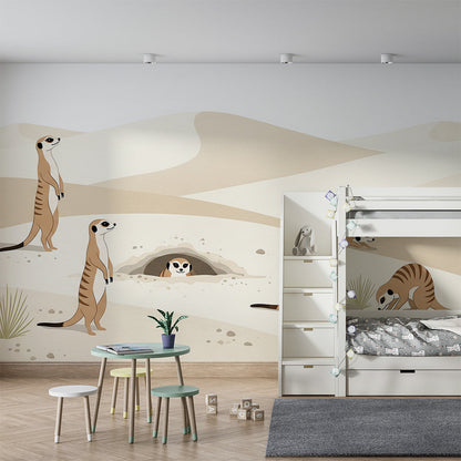 Kids-Mundo meerkat colony wall mural bringing a busy desert scene to a children's playroom