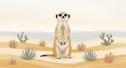 Kids-Mundo flat artwork of a meerkat standing among colourful desert cacti and succulents