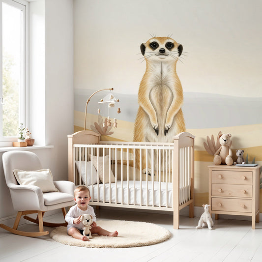 Kids-Mundo meerkat and desert cacti wall mural styled behind a cot in a warm sage nursery