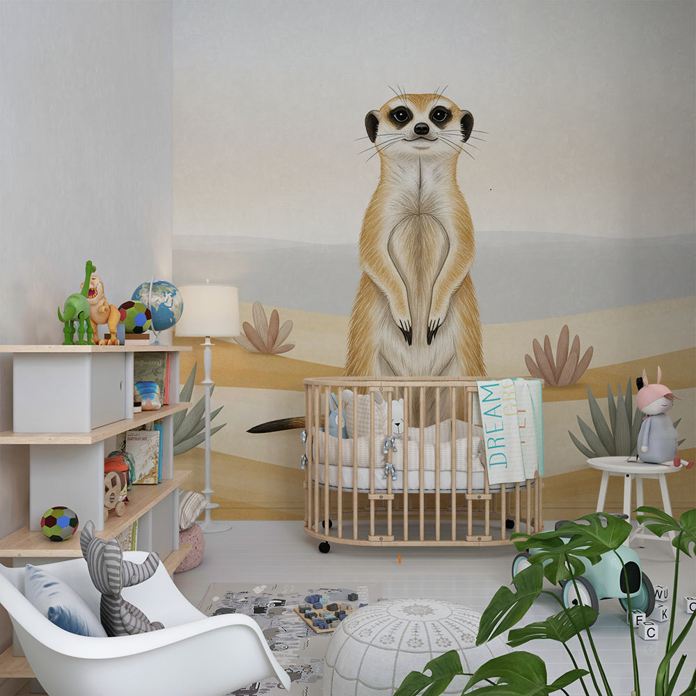 Kids-Mundo meerkat and cacti wall mural brightening a characterful children's playroom