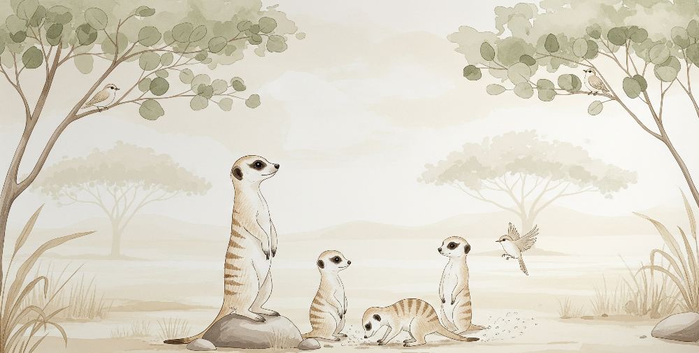 Kids-Mundo flat artwork of a meerkat mother and three pups beneath two rounded acacia trees