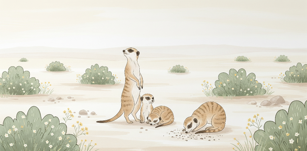 Flat artwork of the Kids-Mundo meerkat family desert design with bushes and wildflowers