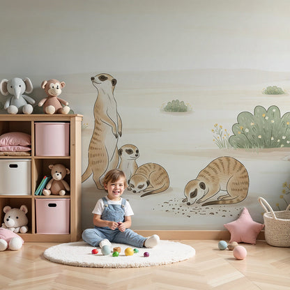 Kids-Mundo meerkat family desert wall mural above a cot in a soft beige nursery
