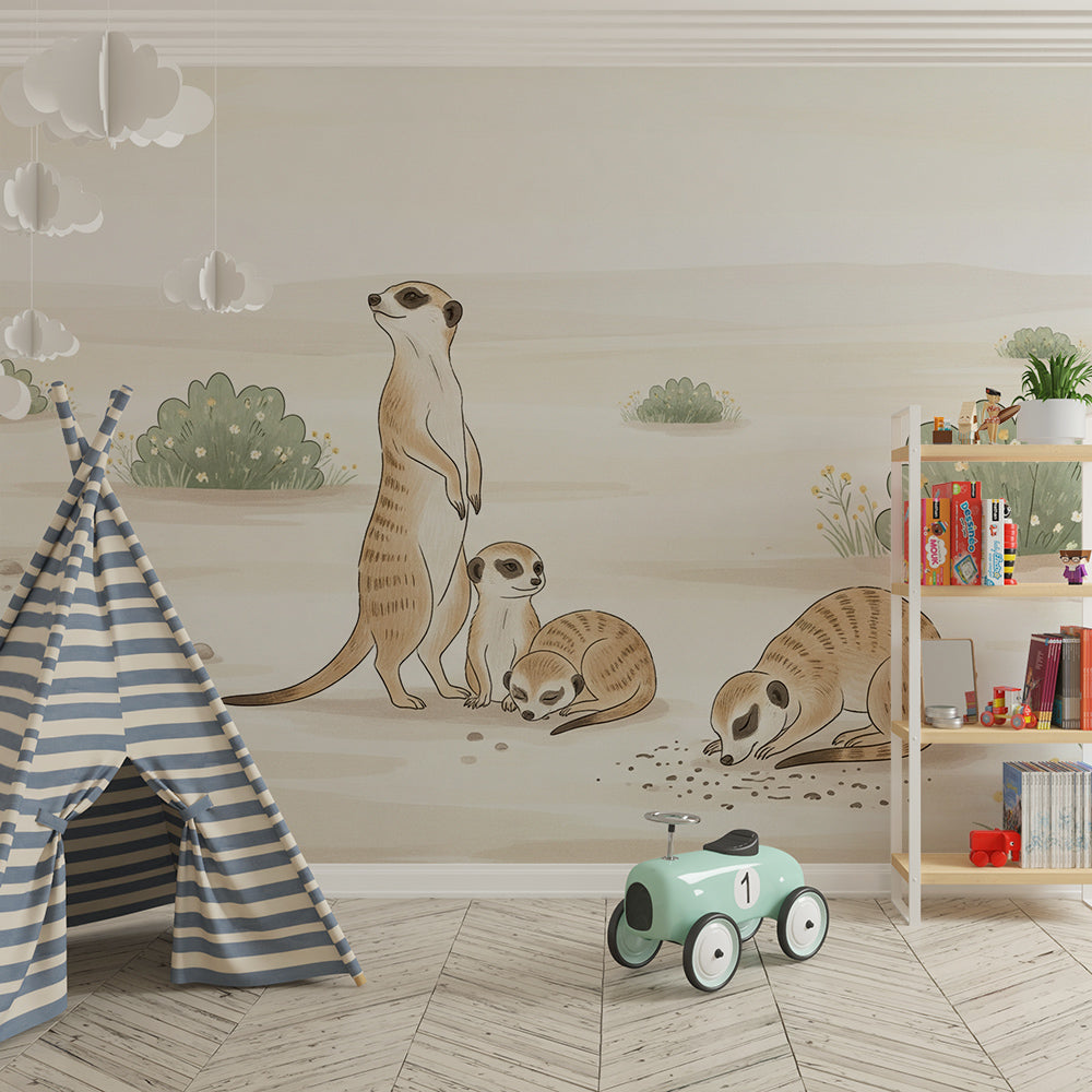 Kids-Mundo meerkat family mural covering a playroom wall with soft furnishings nearby
