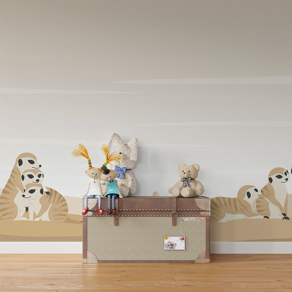 Kids-Mundo meerkat family dune mural covering a feature wall in a kids' bedroom