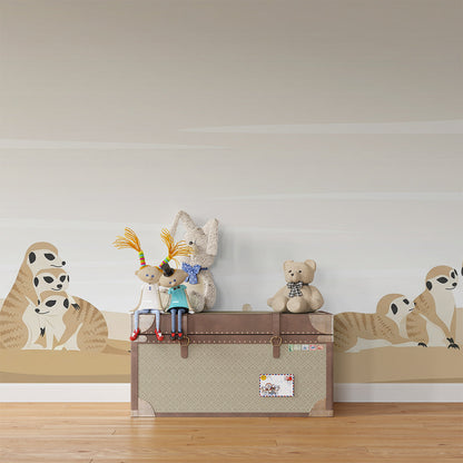 Kids-Mundo meerkat family dune mural covering a feature wall in a kids' bedroom