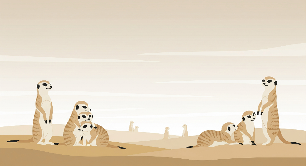 Kids-Mundo flat artwork of a meerkat family gathered together on a warm sandy dune