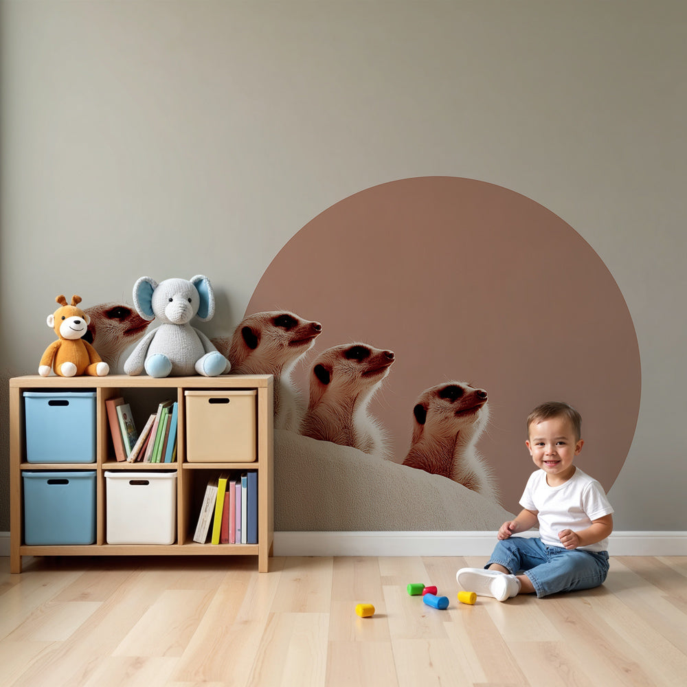 Meerkat safari mural wallpaper in modern nursery with pastel decor by Kids-Mundo