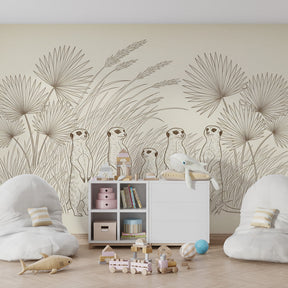 Safari animal mural wallpaper transforming kids playroom with meerkat family design