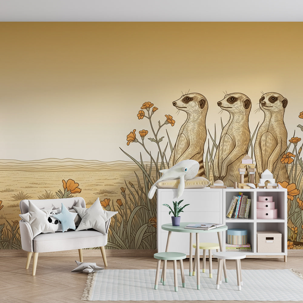 Golden prairie meerkat wallpaper creating adventurous children's bedroom atmosphere with warm lighting