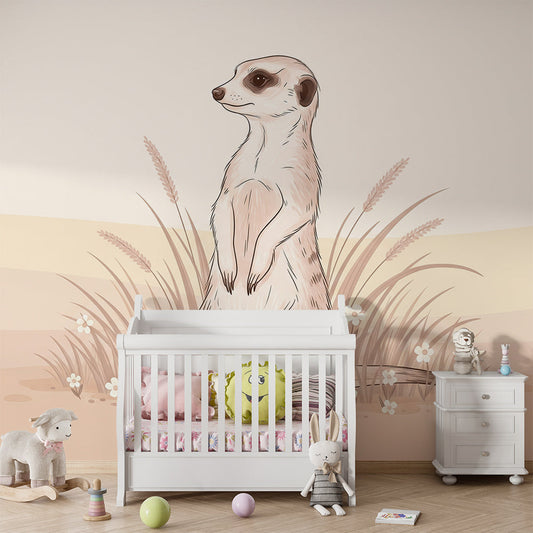 Kids-Mundo meerkat and wildflower mural covering a feature wall in a kids' bedroom
