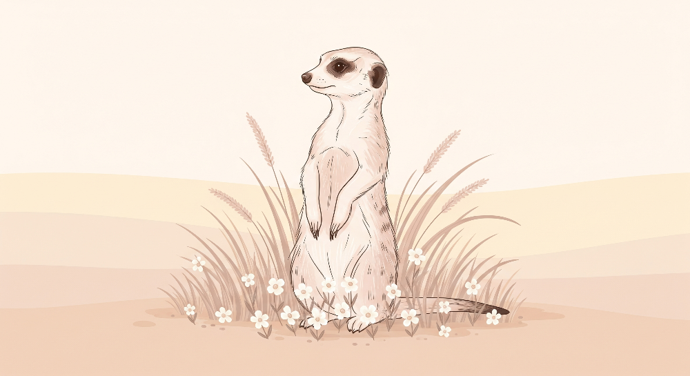 Kids-Mundo flat artwork of a single meerkat standing among grass and white wildflowers