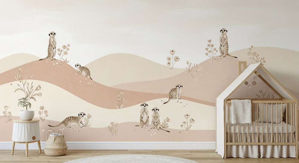 Kids-Mundo flat artwork of meerkats wandering along soft blush and terracotta desert hills