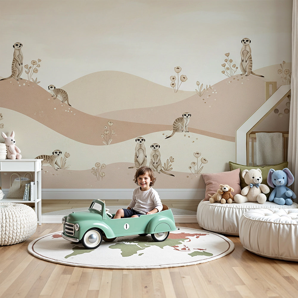 Kids-Mundo blush meerkat wall mural styled as a full feature wall behind a wooden nursery cot
