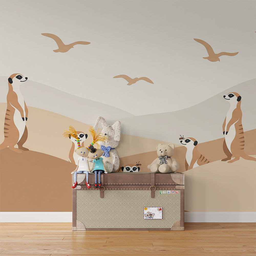 Kids-Mundo meerkat and birds wall mural filling a child's kids bedroom wall with warmth