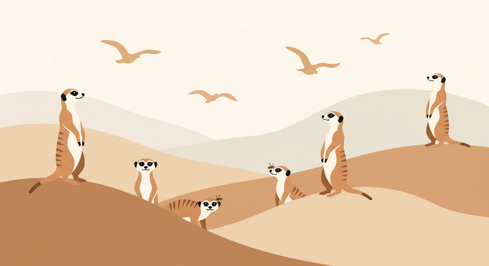 Kids-Mundo flat artwork of a meerkat family watching birds fly over warm golden desert dunes