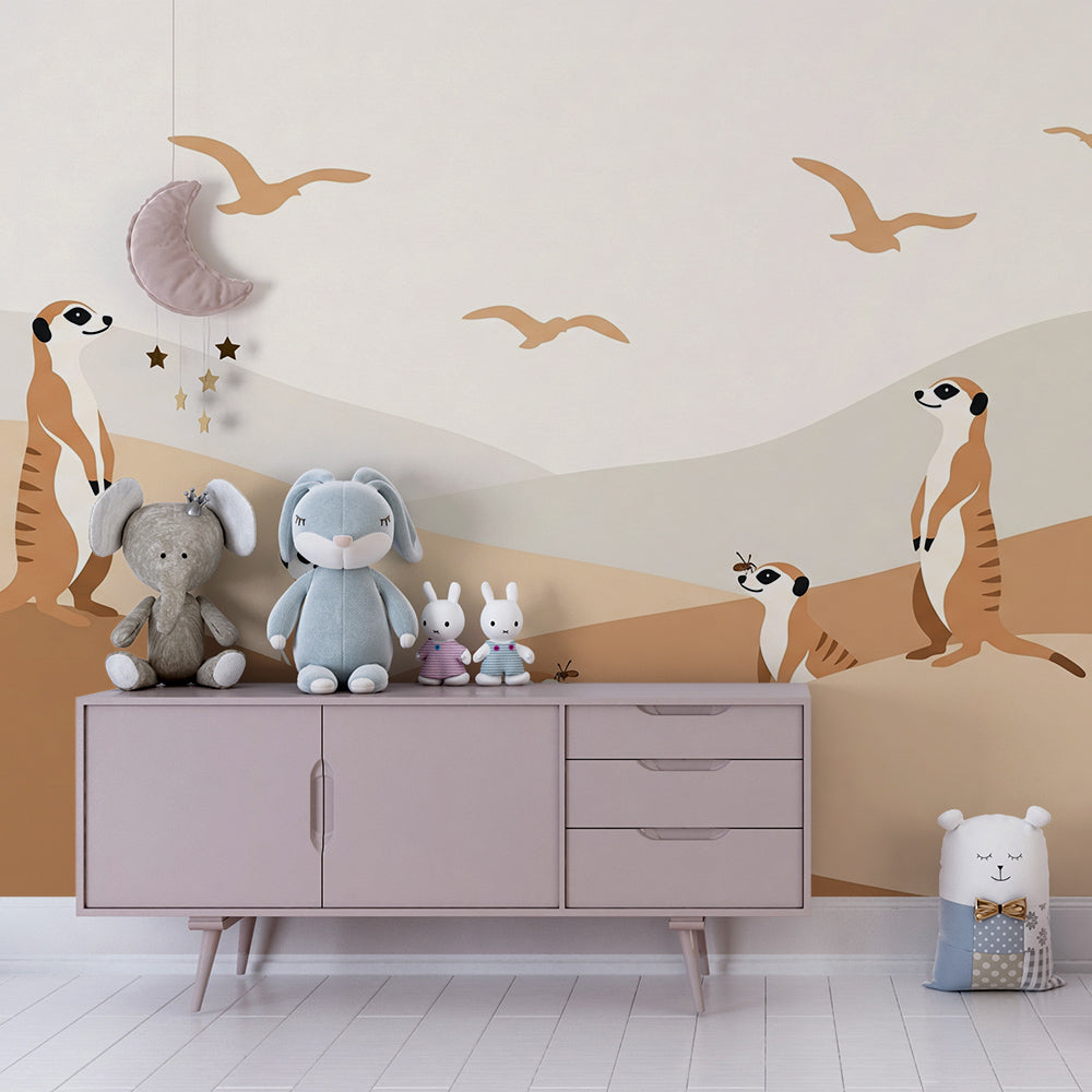 Kids-Mundo meerkat family wall mural bringing a sunny desert dune scene into a playroom
