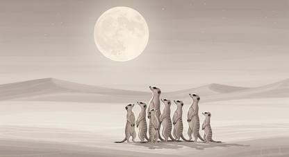 Kids-Mundo illustration of a meerkat family watching a glowing moon over desert dunes
