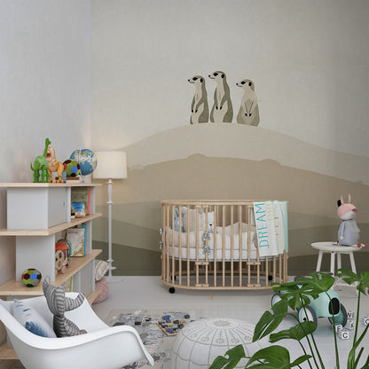 Kids-Mundo meerkat hillside wall mural brightening a child's kids bedroom wall behind the bed