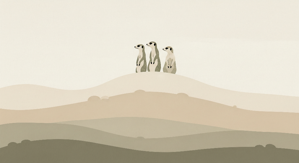 Kids-Mundo flat artwork of three meerkats watching over layered beige and olive desert hills