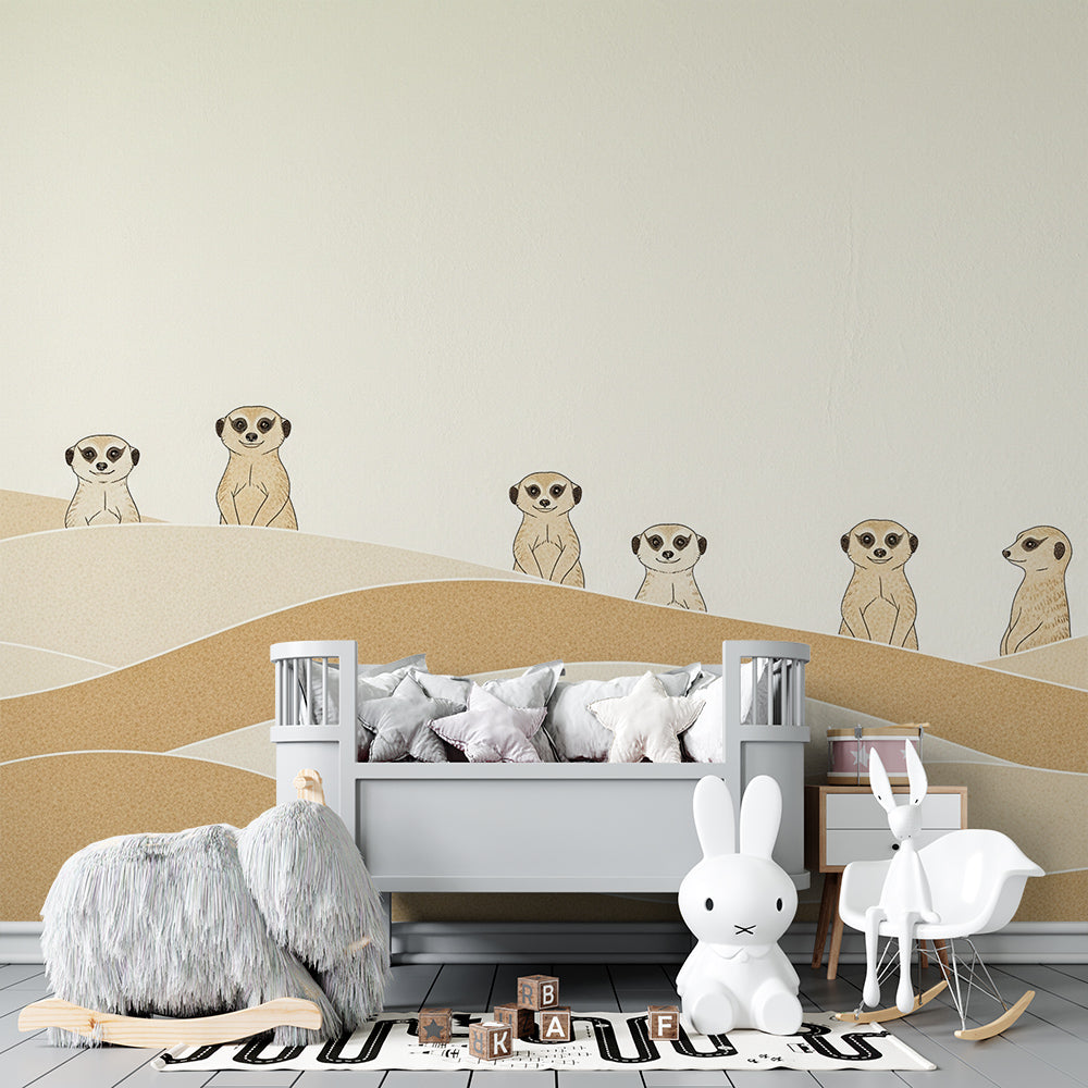 Kids-Mundo sand dune meerkat mural covering a feature wall in a minimalist kids' bedroom