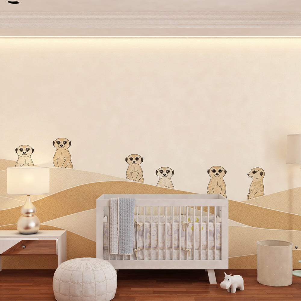 Kids-Mundo meerkats peeking wall mural brightening a soft, contemporary children's playroom