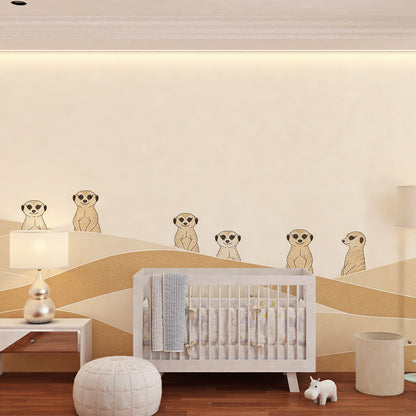 Kids-Mundo meerkats peeking wall mural brightening a soft, contemporary children's playroom