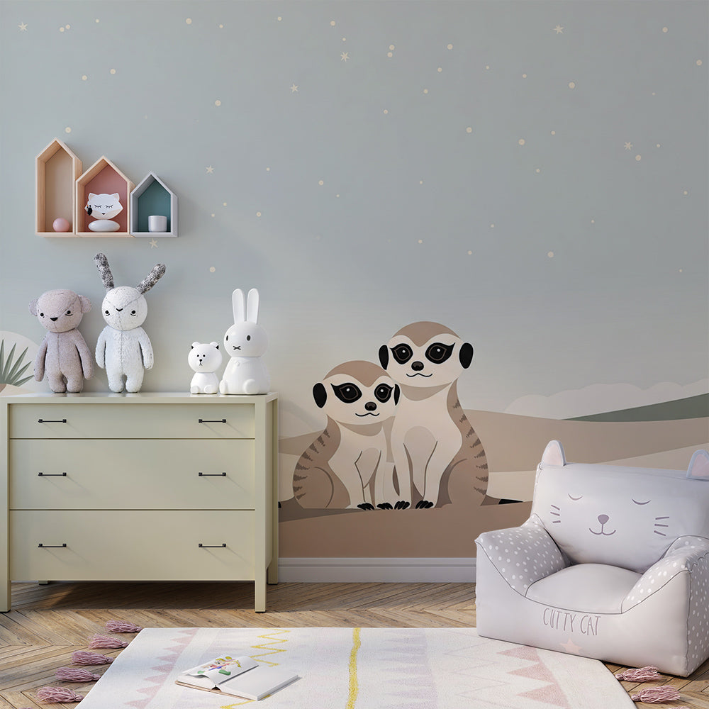 Kids-Mundo meerkat wall mural glowing softly on a child's kids bedroom wall at bedtime