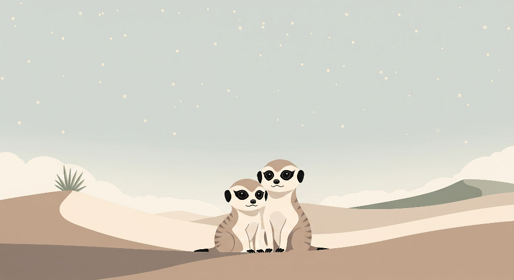 Kids-Mundo flat artwork of two meerkats sitting together beneath a starlit desert sky