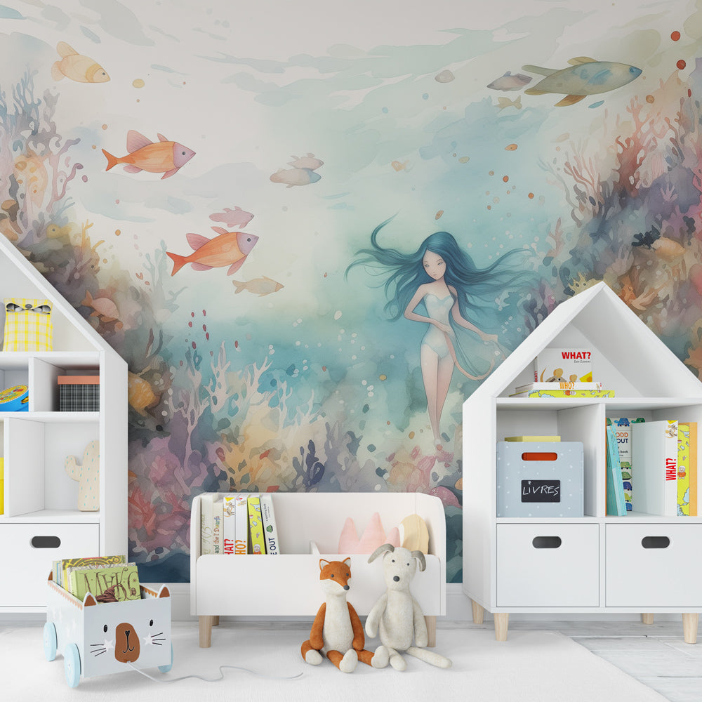 Kids-Mundo coral reef wall mural brightening a vibrant children's playroom