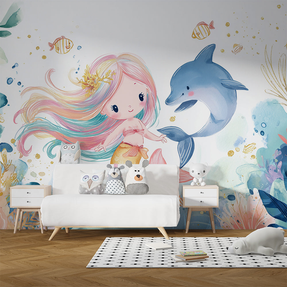 Kids-Mundo mermaid wall mural covering a feature wall in a bright, ocean-themed kids bedroom