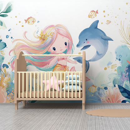 Kids-Mundo mermaid and dolphin wall mural with coral and fish detail in a playroom corner