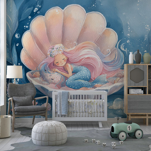 Kids-Mundo mermaid seashell wall mural covering a feature wall in a calm kids bedroom