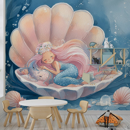 Kids-Mundo sleeping mermaid wall mural with bubbles and shells in a cosy playroom corner