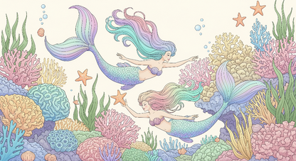 Kids-Mundo flat artwork of two mermaids swimming through a richly detailed coral reef