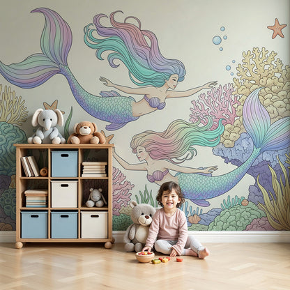 Kids-Mundo mermaid coral reef wall mural styled behind a bed in an ocean-themed kids' bedroom