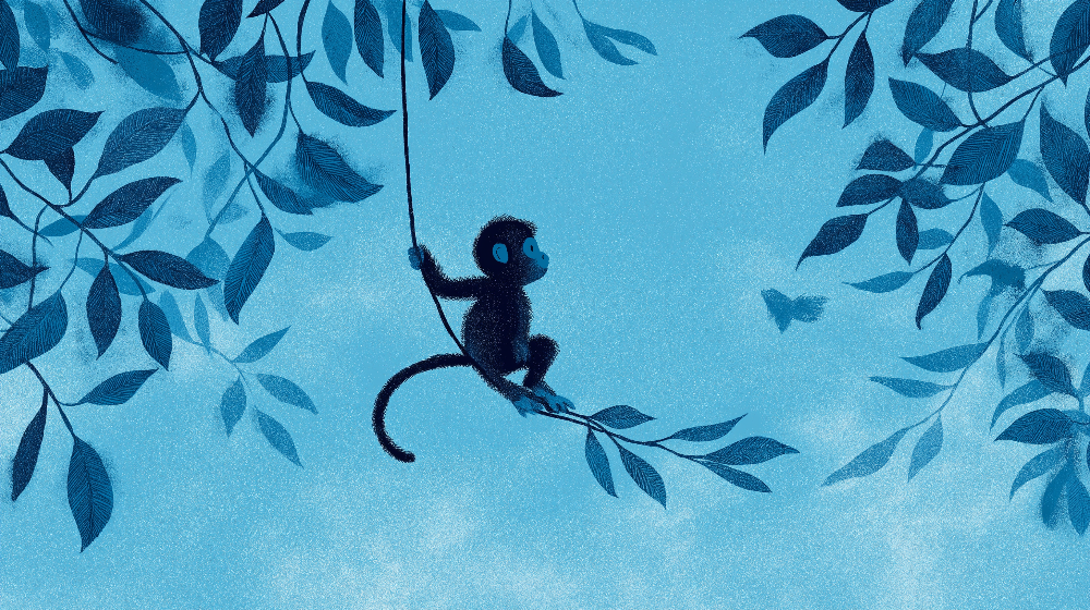 Kids-Mundo flat artwork preview of a silhouetted monkey swinging through a deep blue jungle.