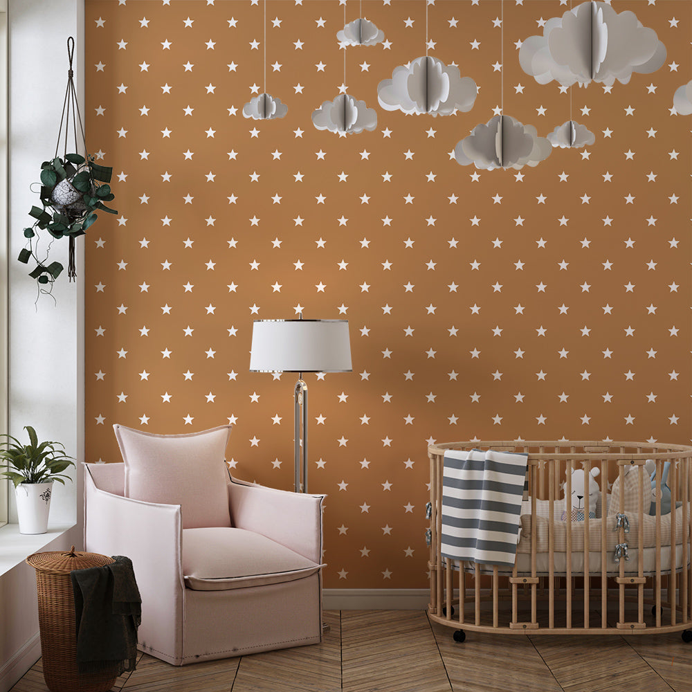 Kids-Mundo star pattern wall mural as a warm feature wall in a kids' bedroom