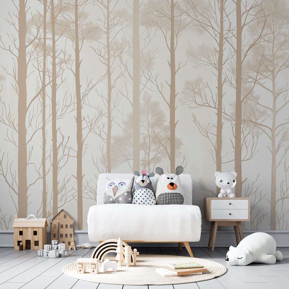 Kids-Mundo beige forest tree mural wallpaper adding a calm backdrop to a children's playroom wall.