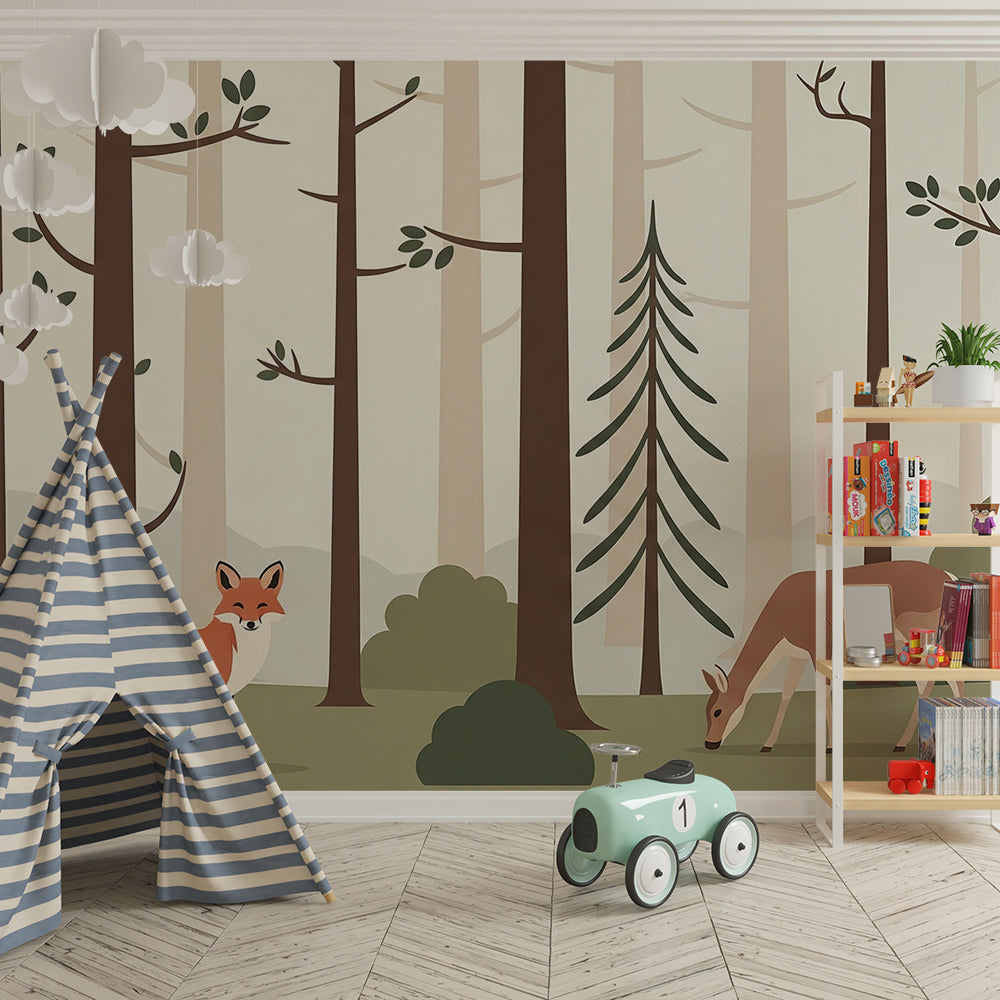 Kids-Mundo flat-illustrated fox and deer wall mural in a calm kids bedroom