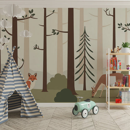 Kids-Mundo flat-illustrated fox and deer wall mural in a calm kids bedroom