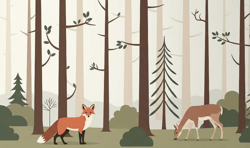 Minimalist Fox and Deer Forest Wall Mural