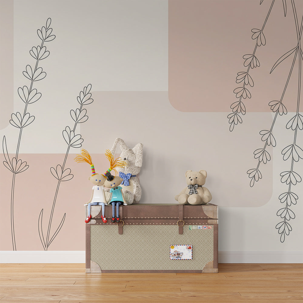 Kids-Mundo lavender line art mural decorating a calm girl's bedroom feature wall