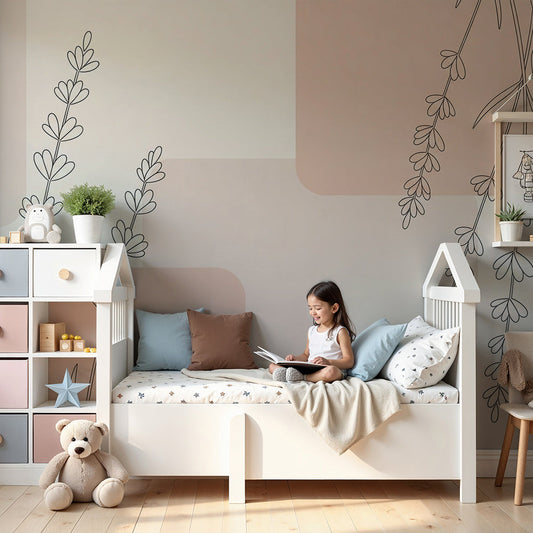 Kids-Mundo minimalist lavender botanical wall mural styled in a soft pastel nursery