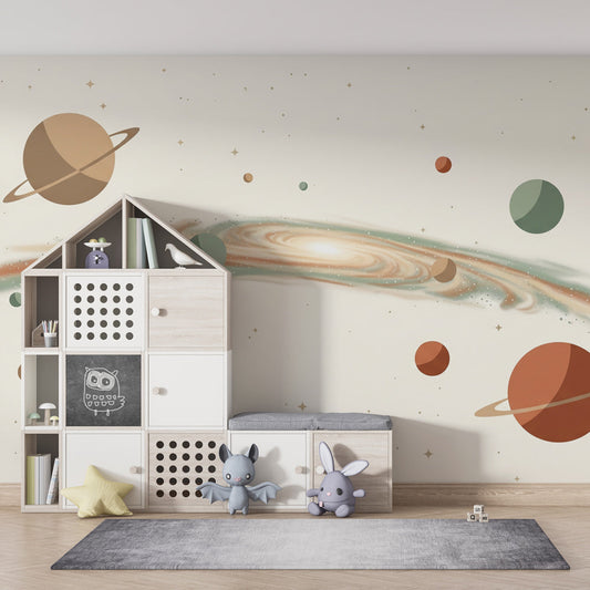 Kids-Mundo muted Milky Way mural on a feature wall in a modern kids bedroom.
