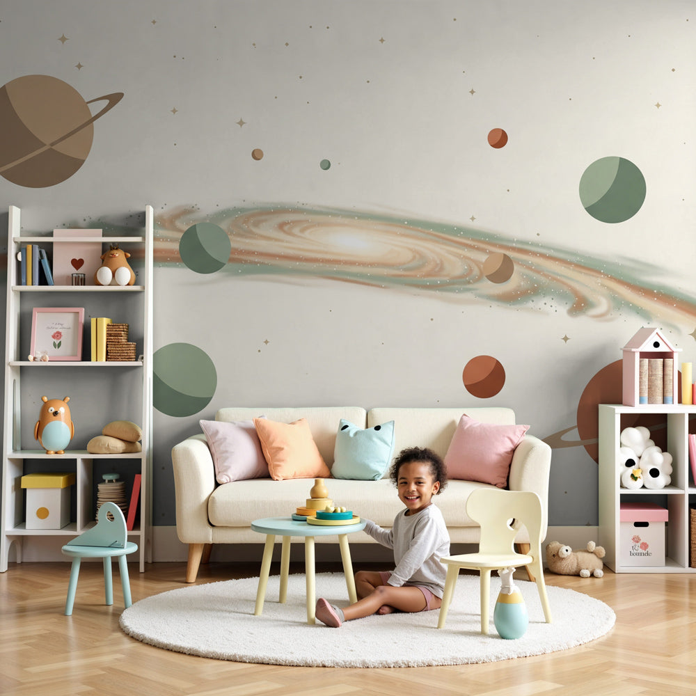 Kids-Mundo minimalist Milky Way wall mural in a warm, neutral cream nursery.